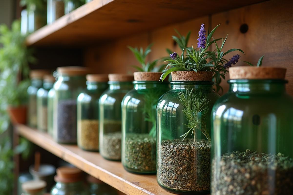 Étagère de plantes médicinales en vrac — herboristerie Pertuis